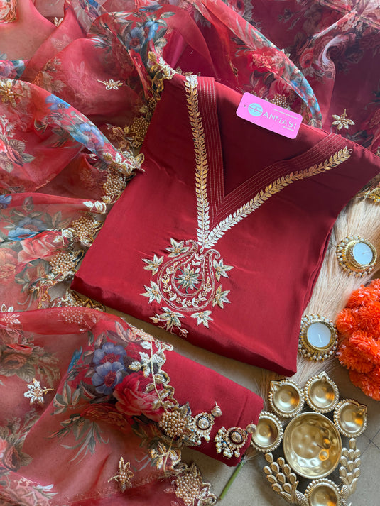 Pure Crepe embroidered v neck suit set