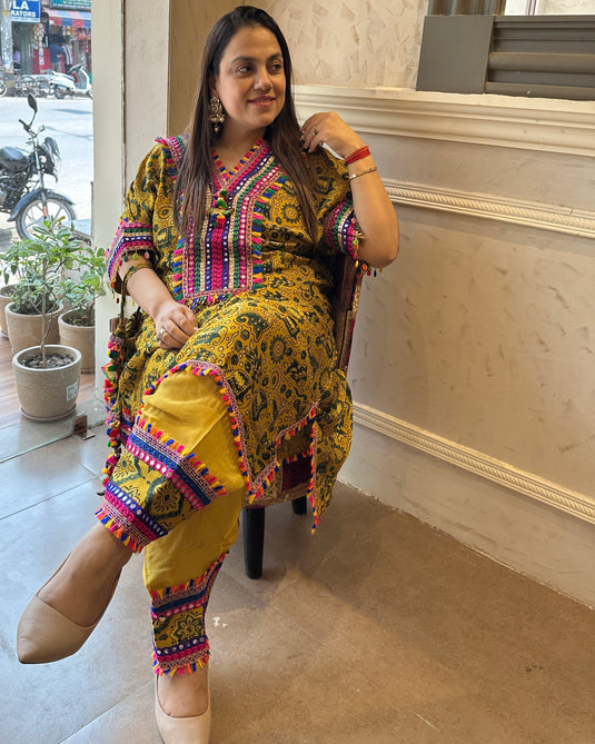 Farshi Salwar pure crepe ajrakh print stitched choga style set with potli