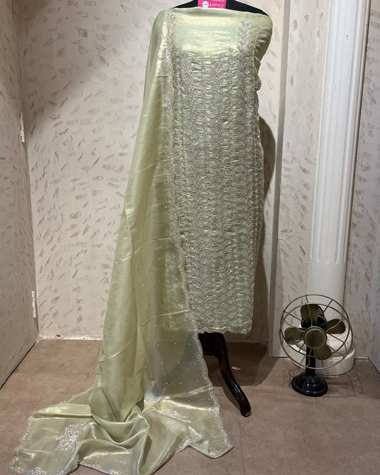 Hand embroidered cutdana work shimmer organza suit set