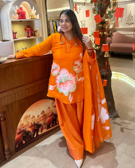 Handpainted organza suit set with farshi salwar