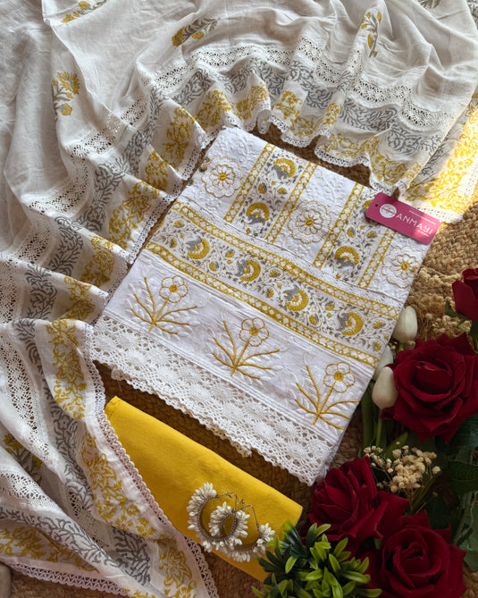 Cotton Chikankari work cream suit with combination bottom