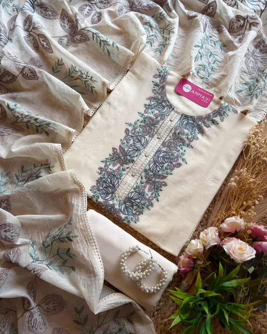 Embroidered jaal dupatta Mul Chanderi suit set