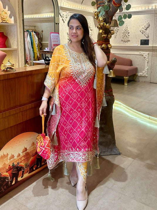 Shaded Bandhani tassel pure crepe gotta work kaftans