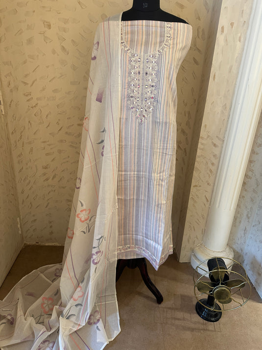 Rainbow stripes cambric cotton suit set with dori mirror neck and handprint dupatta