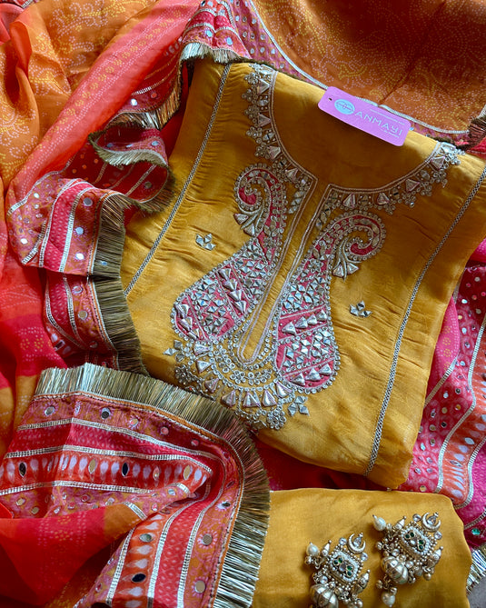 Tissue banarasi combination suit set with gotta mirror work and bandani dupatta