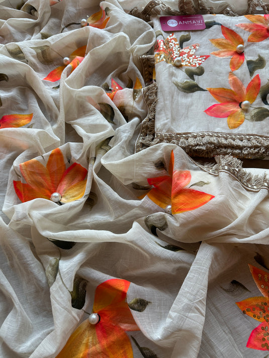 Handpaint ombré flowers with highlights Mul Chanderi suit set