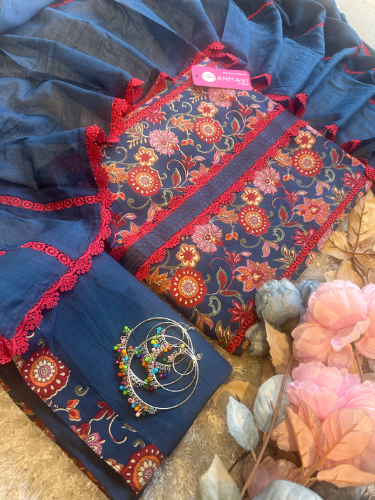 Cotton floral print lace work suit set