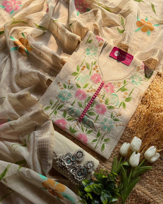 Jamdani linen floral neck suit with handpaint dupatta