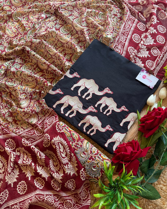 Cotton camel motif suit set with Ajrakh cotton dupatta and bottom