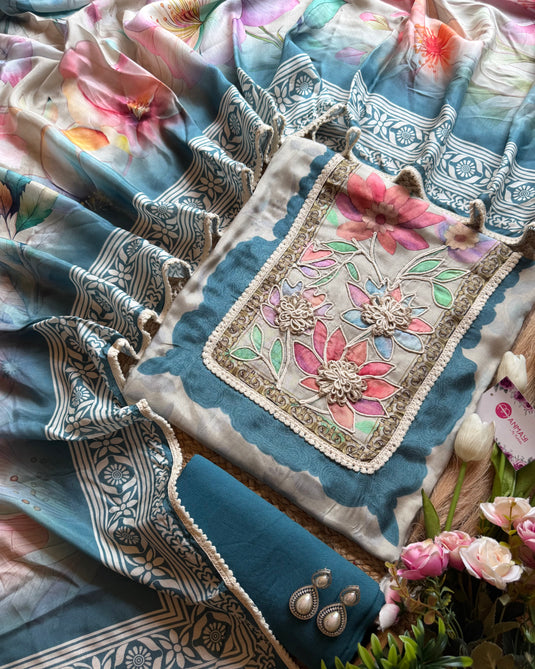Crochet muslin printed suit set
