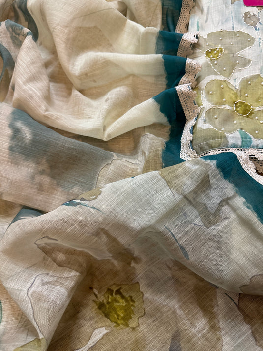 Linen cotton flow paint pearl work suit set