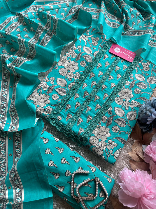 Patterned neck floral print cambric cotton suit