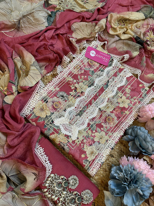 Floral affair muslin cotton patterned suit with pure crepe digital highlighted dupatta
