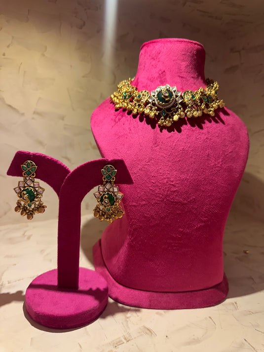 Peacock emerald ghungroo choker set