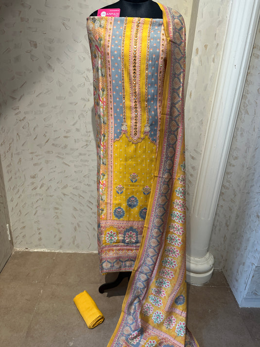 Persian print yellow grey mirror highlights muslin modal suit