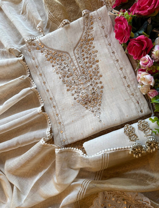 Paper mirror gold border ivory Jamdani suit set