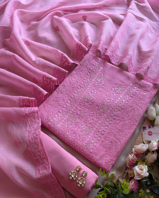 Chikankari work pure Mul Chanderi suit set