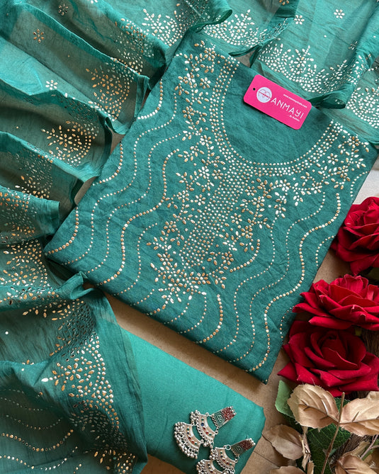 Spiral Mukaish work Mul Chanderi suit set