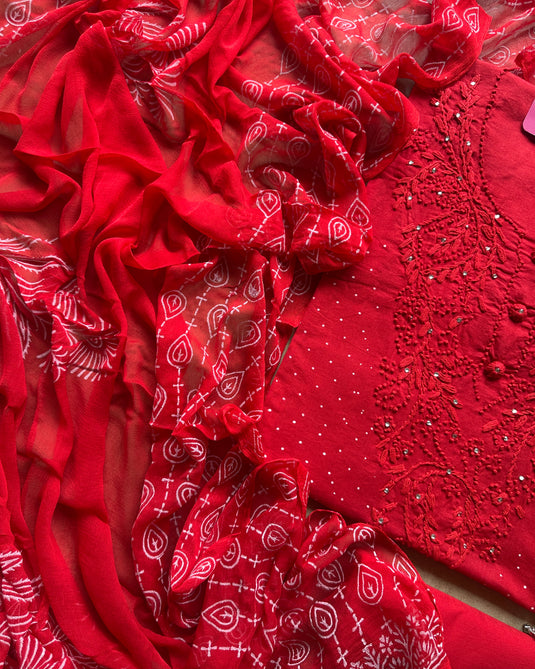 Pure cotton lucknawi neck suit set with pure chiffon dupatta