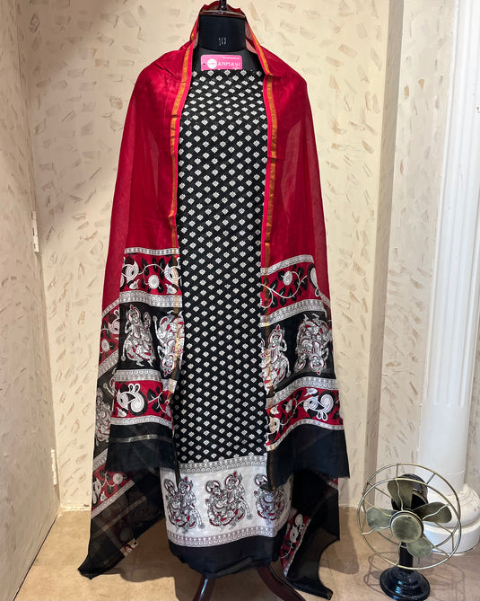 Pure Maheshwari red black combination suit set