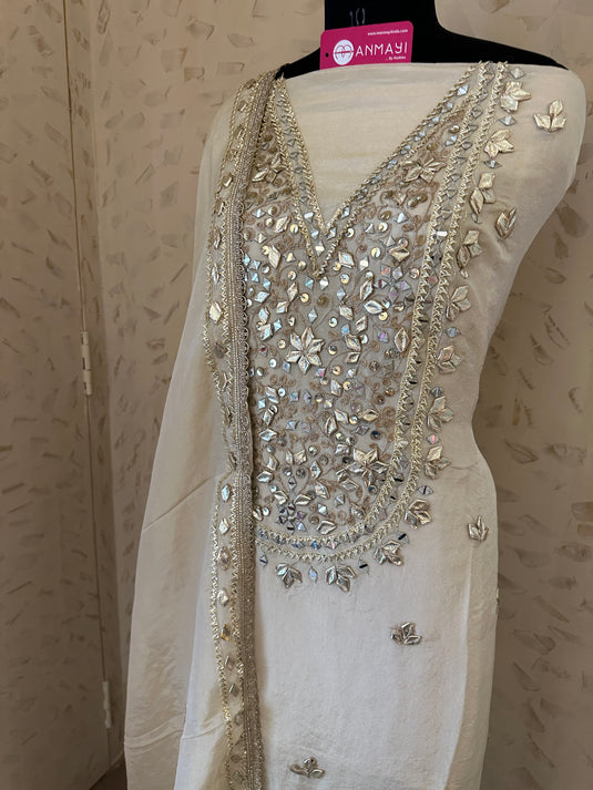 Shimmer tissue gotta mirror work suit set with cutwork dupatta