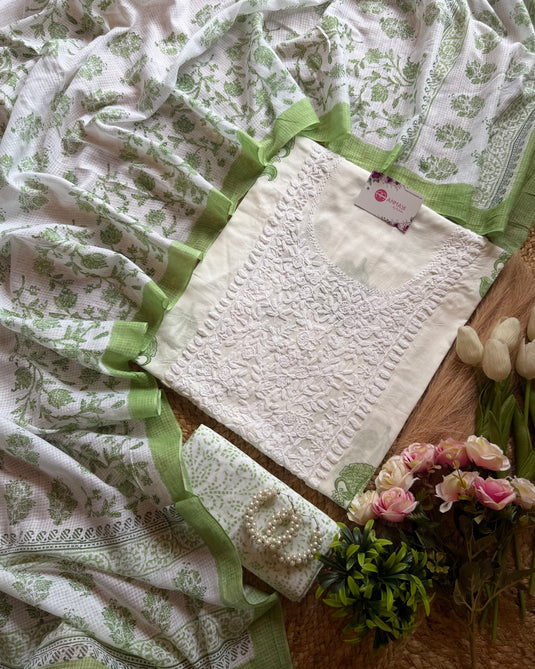 Cotton print chikankari neck with Kota print dupatta