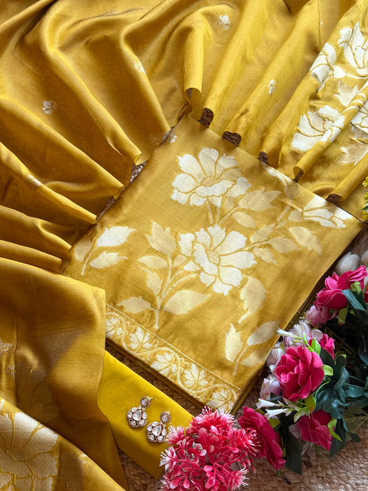Festive Jamdani silk zari gold weave work suit set