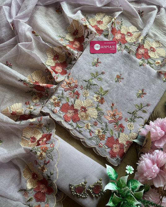 Mul Chanderi cutwork embroidered suit sets