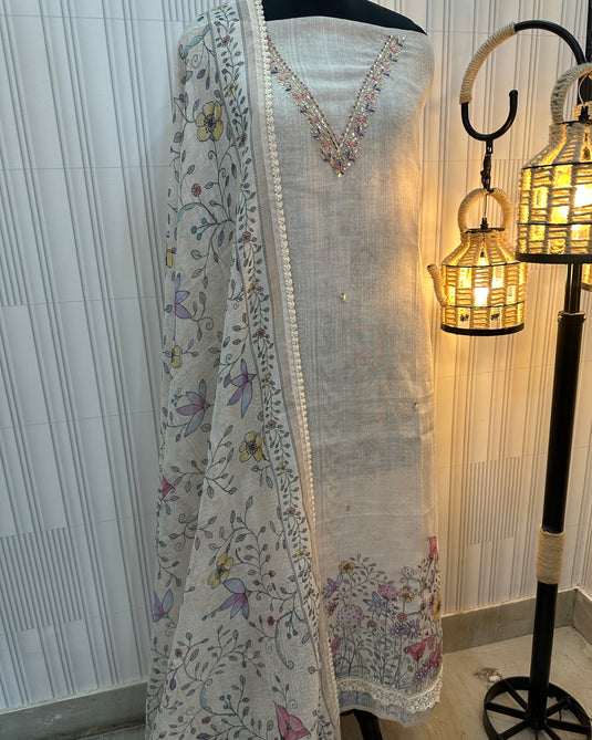 Ivory linen embroidered v neck suit set with digital print dupatta