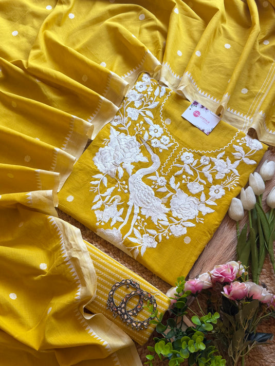 Soft Handloom swan thread work suit set