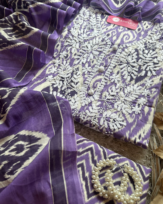 Ikkat print chikan neck soft cotton suit set