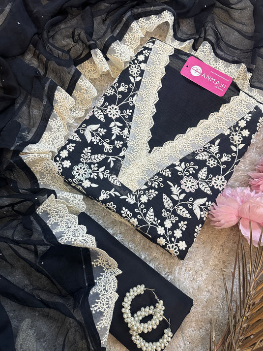 Kota Chikankari v neck suit with pure chiffon mukaish dupatta