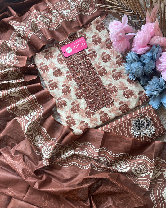 Elephant print cambric cotton suit set with cotton dupatta