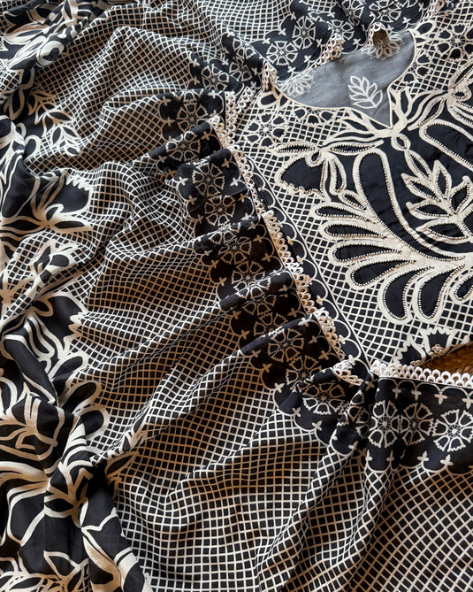 Jungle flower pearl detailed pure muslin suit set