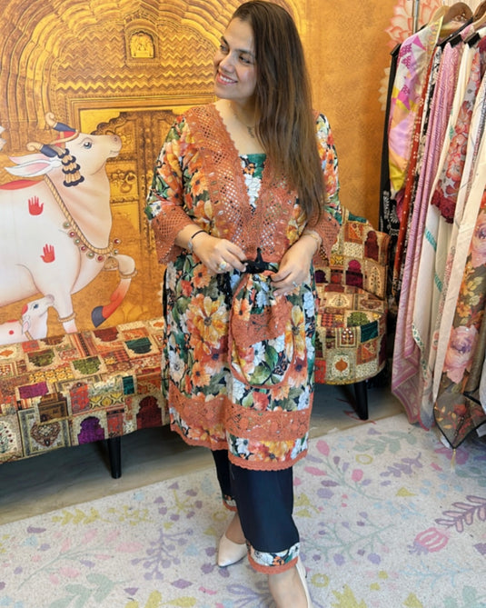 Floral crochet details printed cotton coord set