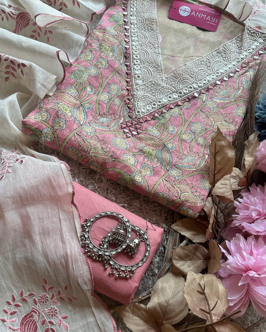 Digital print cambric cotton suit with crochet mirror v neck and embroidered cotton dupatta