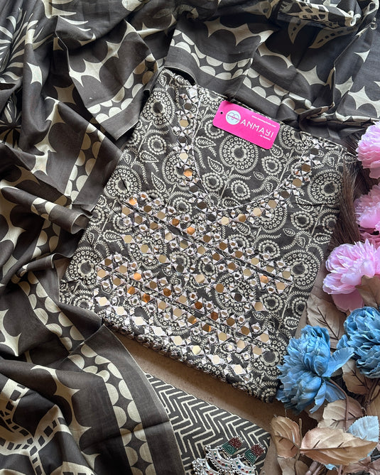 Printed cambric cotton suit with real mirror work