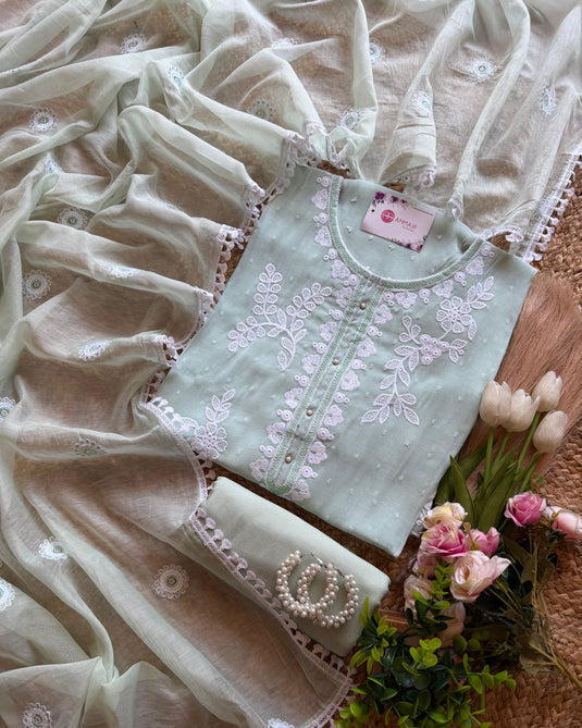 Leafy kurta neck Mul Chanderi pastel suit set