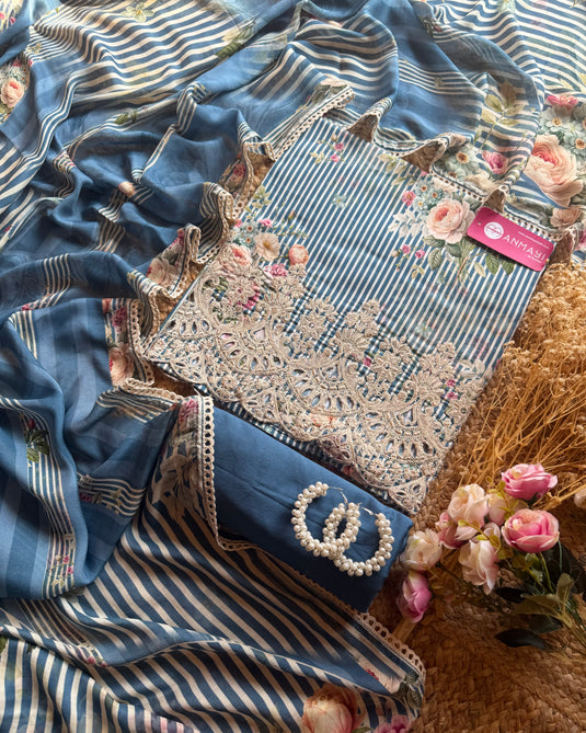 Digital floral stripes cotton suit set with muslin dupatta