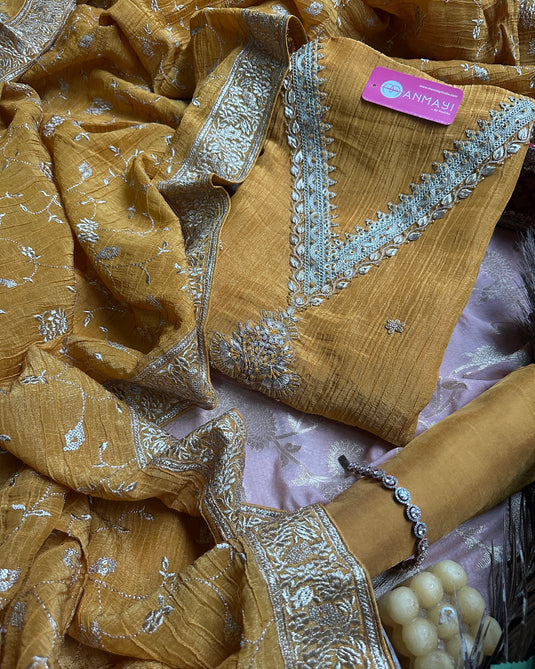 Crushed silk gotta neck suit with zari jaal dupatta