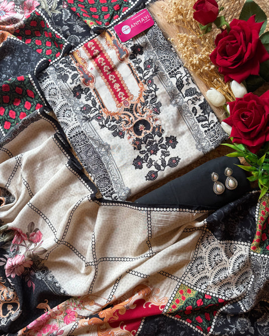 Arabic print coloured soft muslin suit set