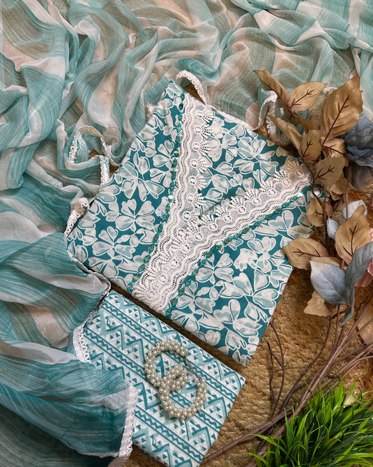 Crochet mirror v neck printed cotton suit set with chiffon dupatta