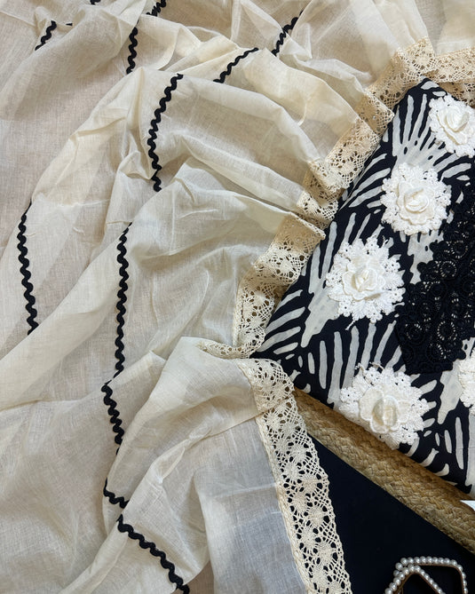 Abstract print crochet 3D neck cotton suit set