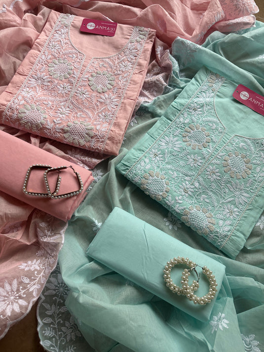 Cotton pastel Chikankari pearl neck suit set