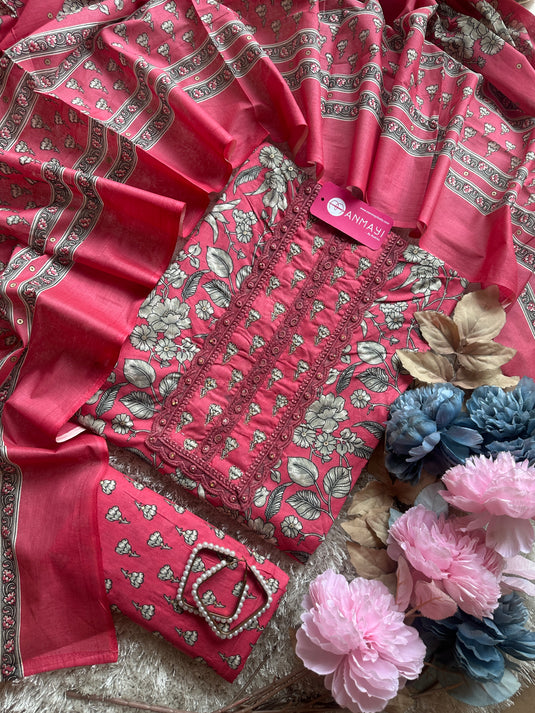 Patterned neck floral print cambric cotton suit