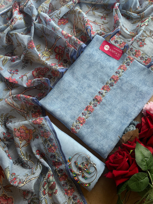 Linen suit set with printed Kantha embroidered dupatta