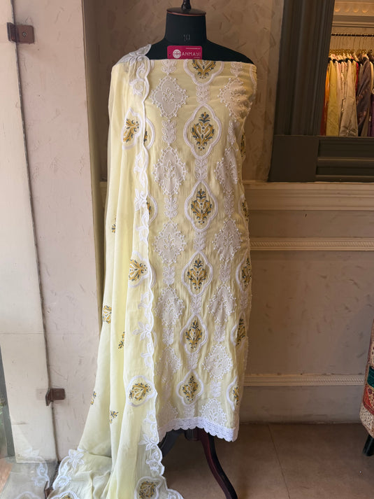Embossed pearl work pastel Mul cotton suit set