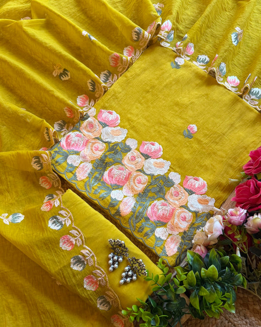 Aari work festive Mul Chanderi suit set