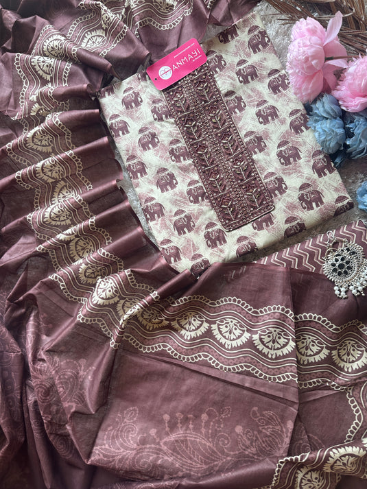Elephant print cambric cotton suit set with cotton dupatta