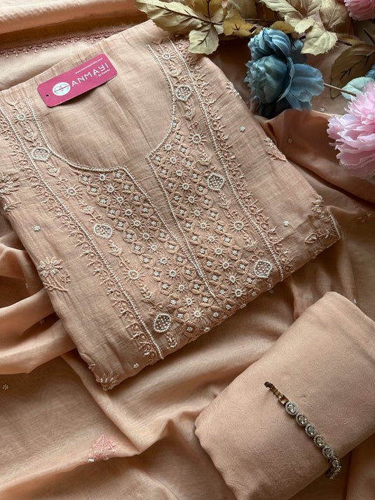 Pastel pure Mul suit set with Chikankari pearl work
